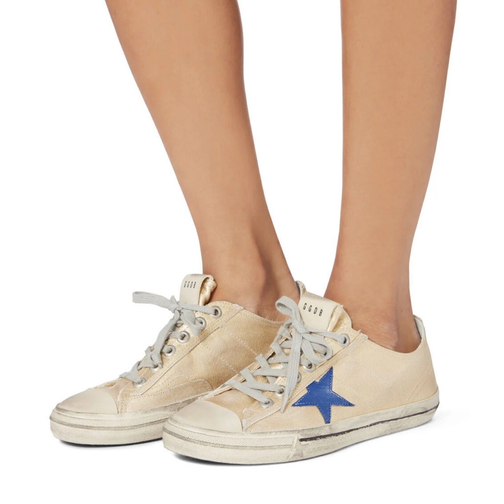 Authentic VStar2 Golden Goose Women’s Gold Sneakers with Blue Stars, Size 8